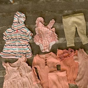 Think pink! Infant baby girl assorted clothing, 13 pieces total.
